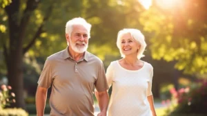 Active senior couple walking together outdoors in sunlit park, both smiling with natural movement, surrounded by green trees and flowers, warm afternoon light