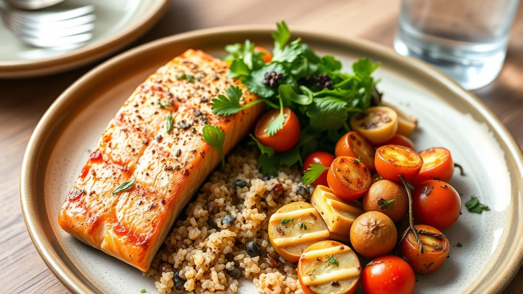 Colorful healthy meal plate featuring grilled salmon, quinoa, roasted vegetables, and fresh greens, served on ceramic dinnerware with water glass, natural daylight