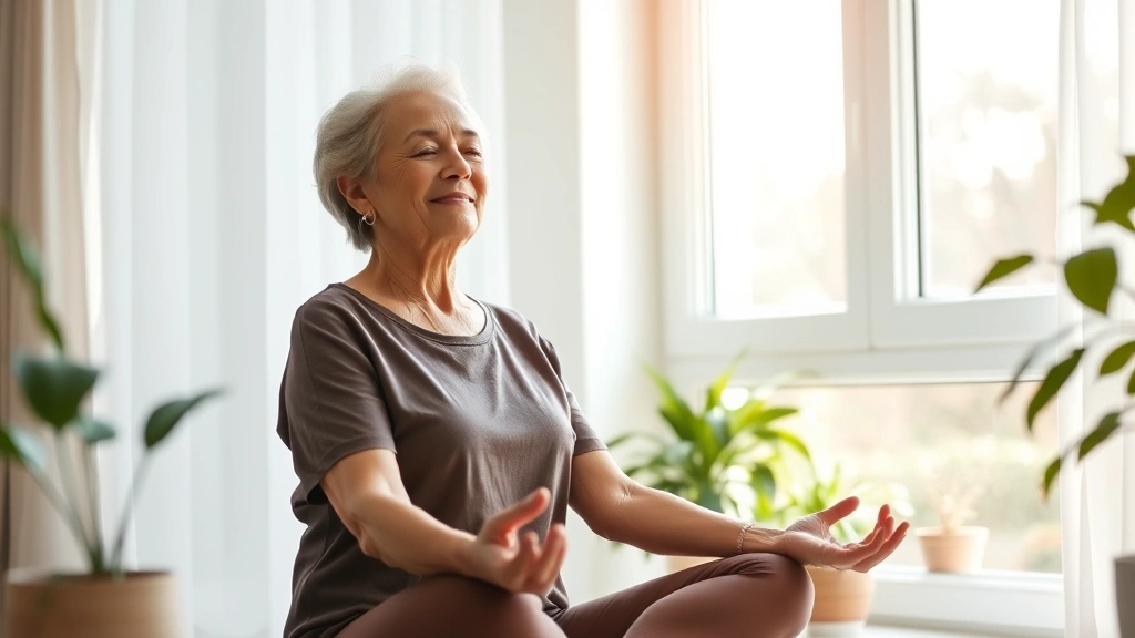Peaceful senior woman meditating by sunny window with calm expression, soft natural light streaming through, indoor plants visible, serene home environment