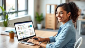 Professional woman sitting at desk with laptop, smiling while accessing health information on screen, modern office environment, natural daylight, relaxed confident posture, contemporary workspace