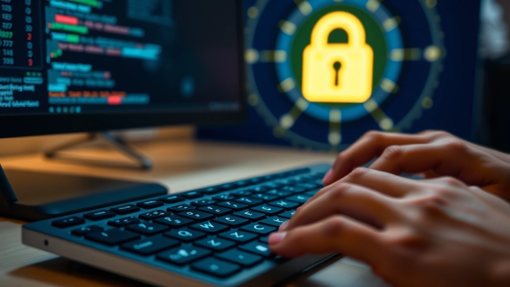 Close-up of hands typing password on keyboard, soft focus background, secure lock icon visible on monitor, cybersecurity theme, professional atmosphere, modern computer setup