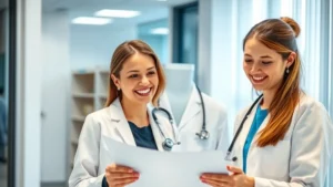 Professional woman in modern medical office with female doctor reviewing health chart, warm lighting, both smiling confidently, contemporary healthcare setting with soft blue tones