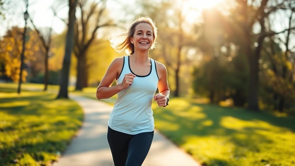 Active middle-aged woman jogging outdoors on sunny path through park, athletic wear, natural surroundings, morning light, health and vitality expression
