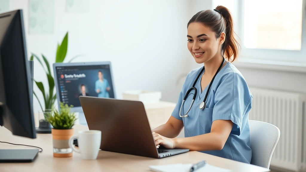 Young female nursing student wearing scrubs sitting at laptop with Shadow Health interface visible, professional home office setting, natural window lighting, focused expression, coffee cup on desk, modern computer setup