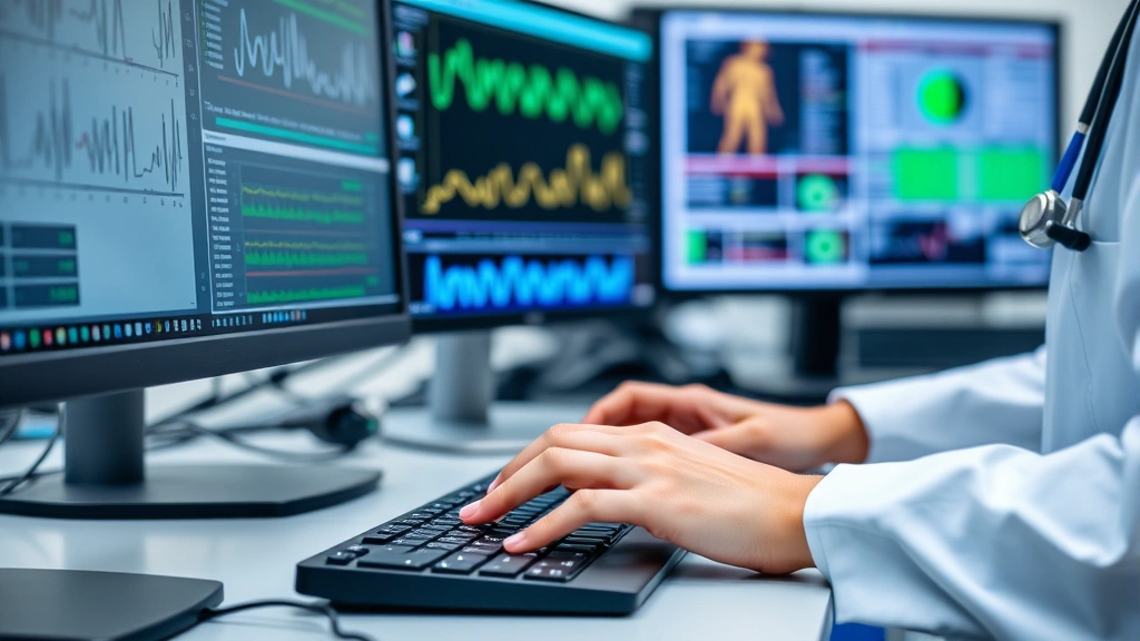 Healthcare professional hands typing on keyboard during clinical simulation, close-up of desktop with multiple monitors, medical education environment, clinical workspace, professional attire visible, concentrated workspace