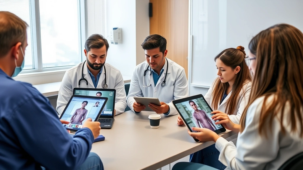 Medical students in classroom reviewing virtual patient scenarios on tablets and laptops, collaborative learning environment, clinical education setting, diverse group, engaged learners, modern medical education facility