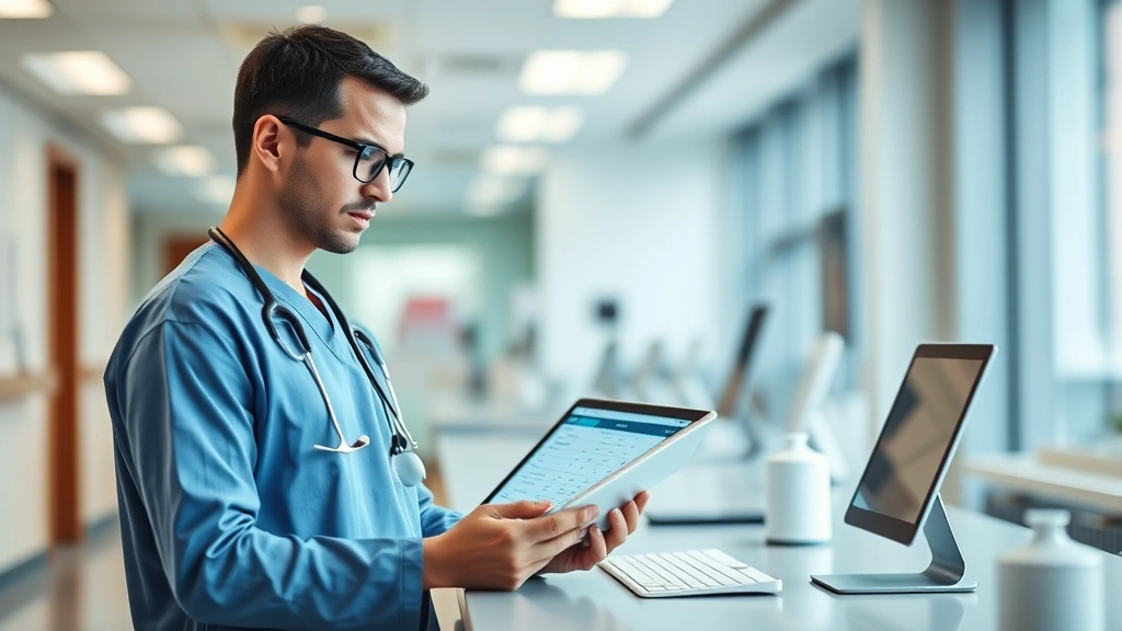 Healthcare professional using tablet at hospital workstation, reviewing shift schedule with calm focused expression, modern medical facility background, natural lighting