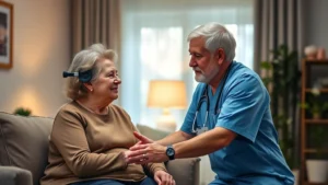 Professional healthcare worker in home setting assisting elderly patient with medical assessment, warm lighting, caring interaction, modern home environment