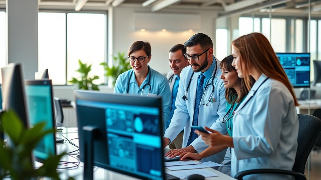 Diverse team of healthcare professionals in modern office reviewing patient data on computer screens, collaborative atmosphere, contemporary workspace with natural light