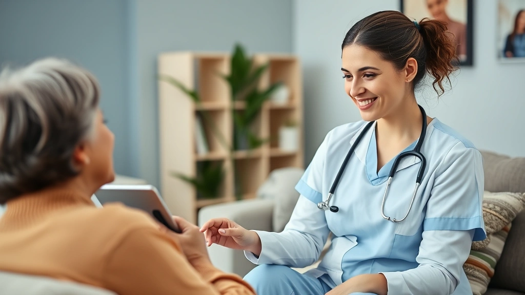 Female nurse practitioner conducting telehealth consultation on tablet with patient, professional home office setting, compassionate expression, modern healthcare technology