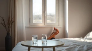 Serene morning scene of person sitting peacefully by a window with water glass on table, natural sunlight streaming in, minimalist bedroom aesthetic, calm expression, wellness morning routine