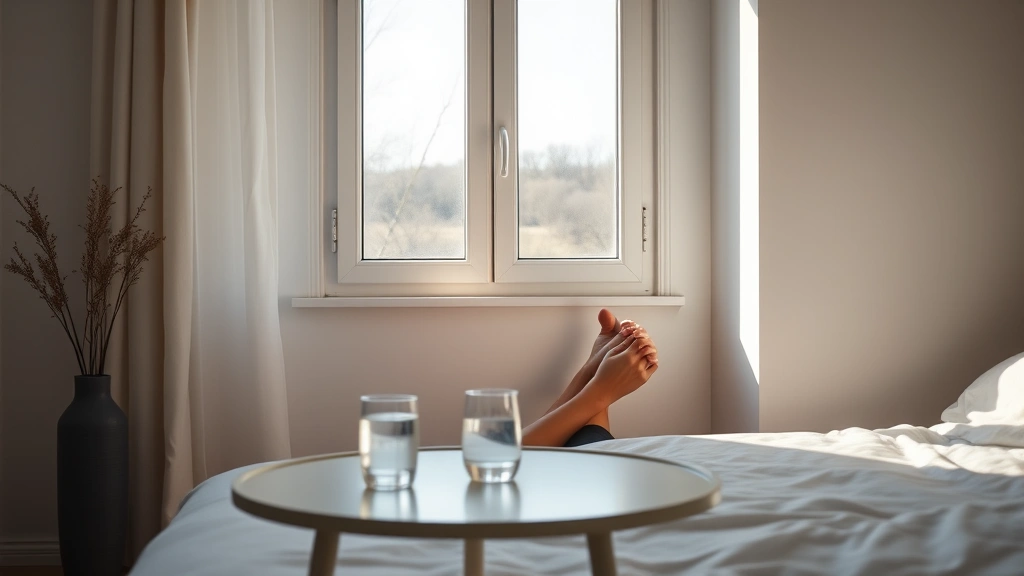 Serene morning scene of person sitting peacefully by a window with water glass on table, natural sunlight streaming in, minimalist bedroom aesthetic, calm expression, wellness morning routine