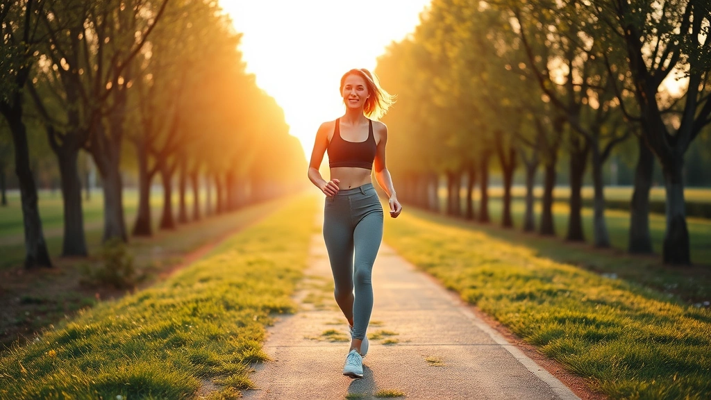 Woman walking outdoors on tree-lined path during golden hour, athletic casual wear, peaceful natural setting, movement and simplicity, fresh air wellness lifestyle