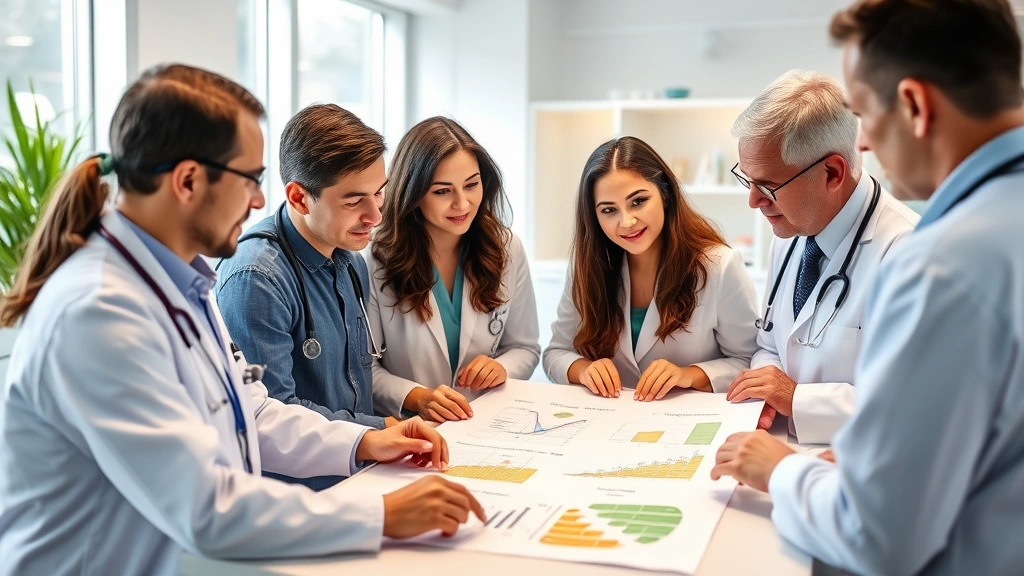 Diverse healthcare team including doctors and nutritionists collaborating around patient chart in bright clinical setting, professional wellness consultation