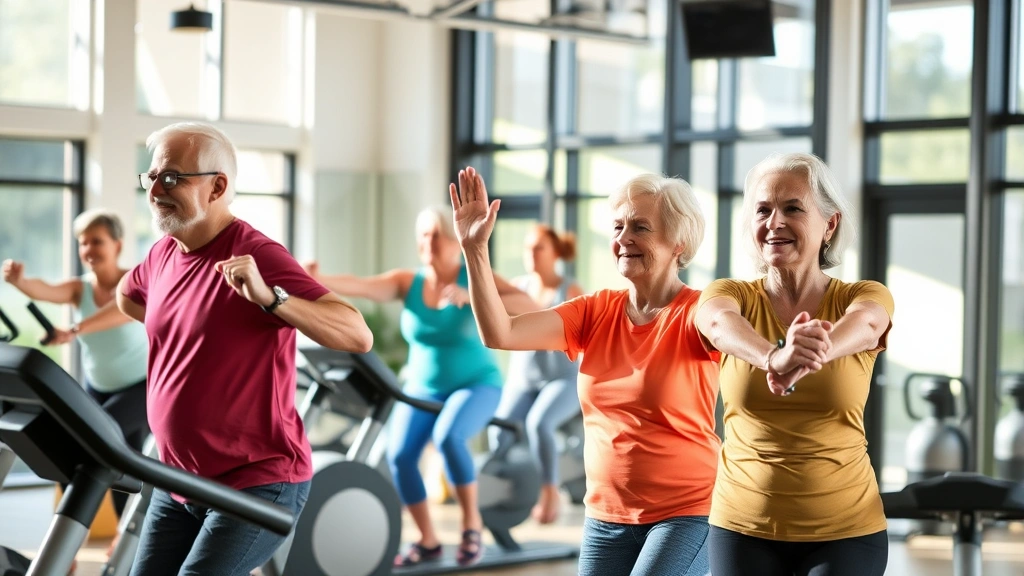 Active seniors and young adults exercising together in modern fitness facility with equipment, natural light streaming through windows, energetic wellness community