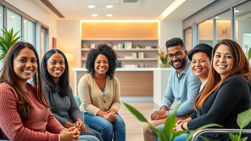 Diverse community members smiling in bright, modern medical clinic waiting room with welcoming staff at desk, warm lighting, plants, comfortable seating