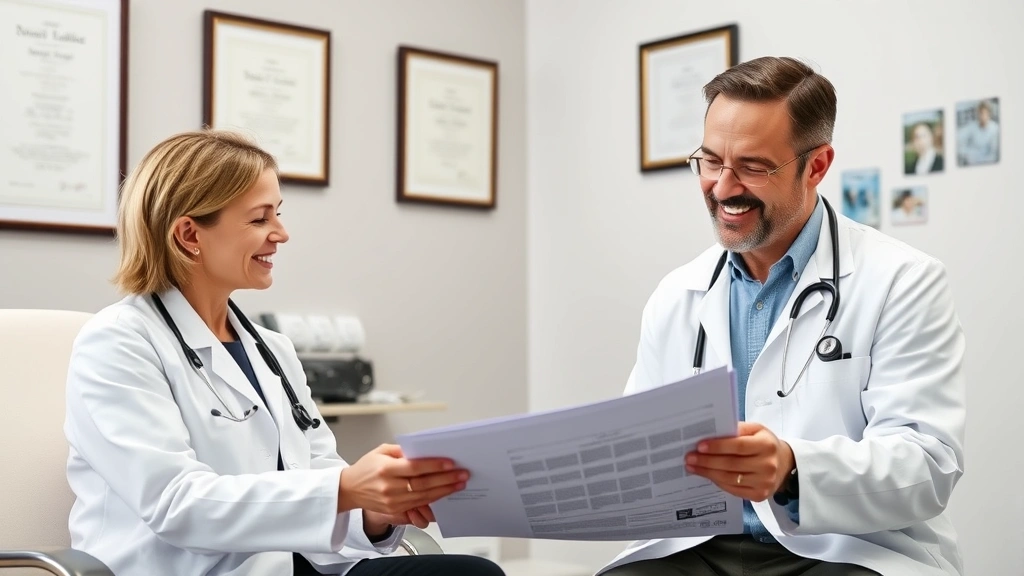 Female doctor in white coat reviewing charts with male patient during consultation, both smiling, modern exam room with diplomas and medical credentials visible