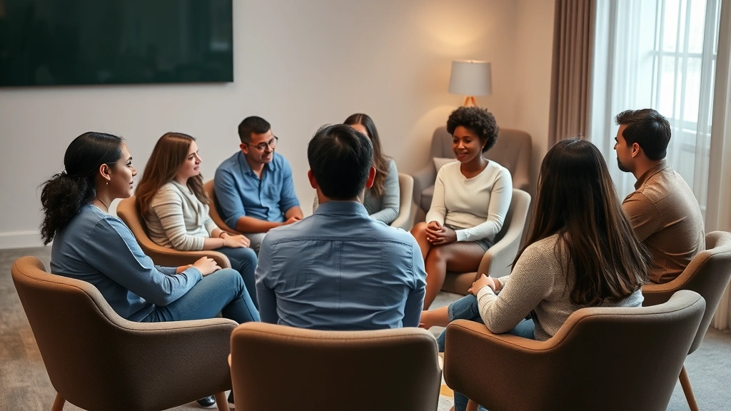 Group therapy session with diverse participants sitting in circle, supportive counselor facilitating discussion, calm therapeutic environment with soft lighting and comfortable chairs