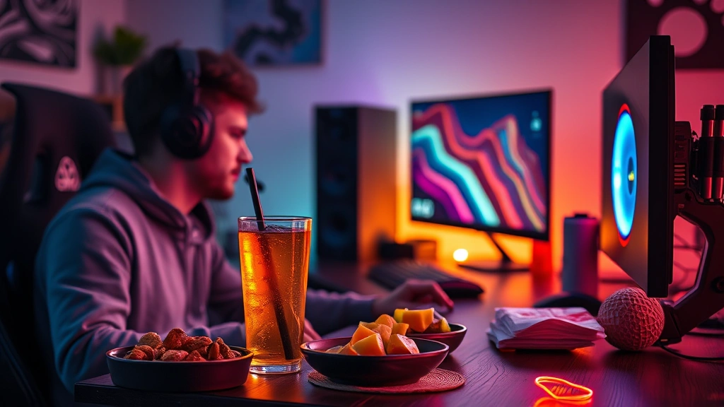 Cozy gaming setup with RGB lighting, energy drink and healthy snacks on desk, gamer wearing headset, warm atmospheric lighting, photorealistic lifestyle photography