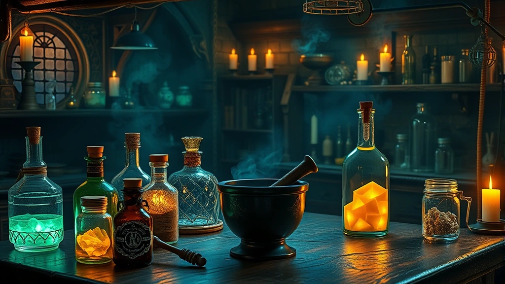 Fantasy alchemist laboratory workspace with glowing potion bottles, ingredient jars, mortar and pestle, mystical magical ambiance, candlelit medieval setting, photorealistic fantasy aesthetic