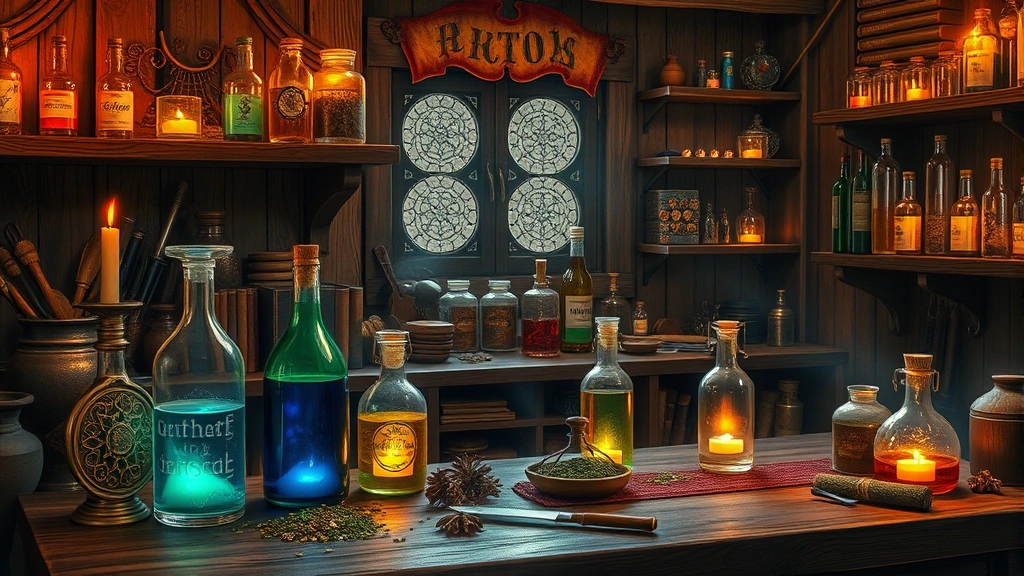 Alchemist workbench with glass bottles, glowing potions, and scattered herbs in warm candlelight, fantasy medieval setting with wooden shelves displaying colorful vials