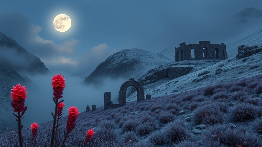 Nordic landscape with rare crimson nirnroot plants glowing beneath moonlight, misty mountain valley with frost-covered vegetation and ancient stone ruins