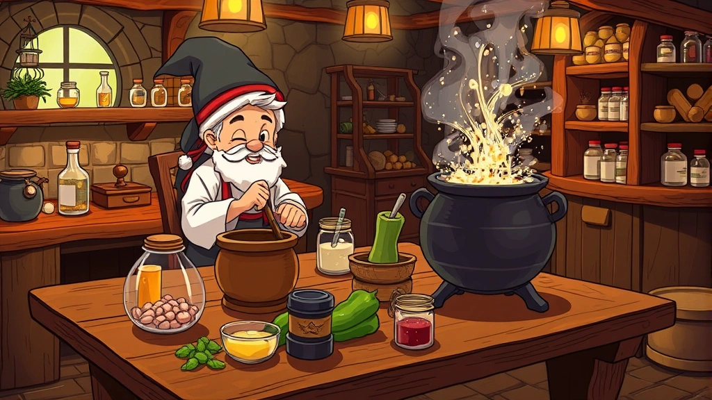 Alchemist character mixing ingredients at wooden table surrounded by mortar and pestle, magical sparkles rising from bubbling cauldron, cozy tavern laboratory background