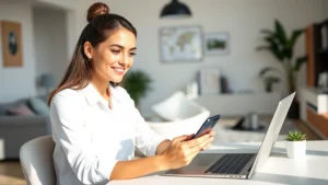 Young professional woman using smartphone at modern home desk checking health portal appointment, natural daylight, contemporary living room background, relaxed confident expression