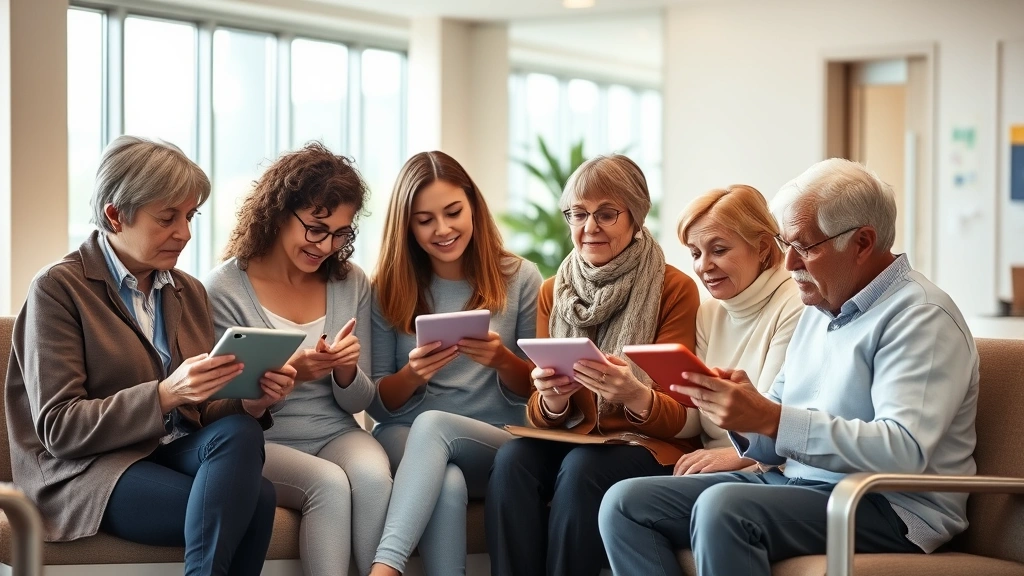 Diverse group of people of different ages reviewing health information on tablet devices in bright wellness clinic waiting area, modern healthcare environment, warm natural lighting