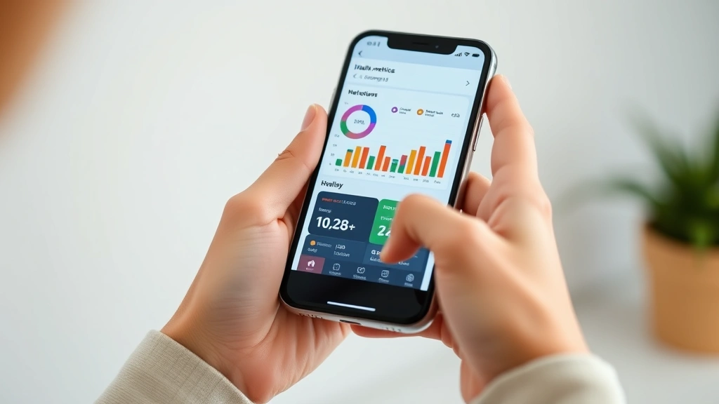 Close-up of hands holding smartphone displaying health metrics dashboard with colorful charts and wellness data, minimalist clean interface design, soft focused background
