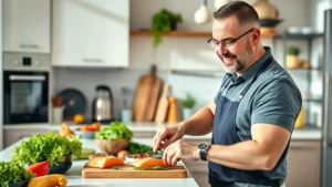 Fit middle-aged man in modern kitchen preparing fresh vegetables and salmon, natural sunlight, healthy food preparation lifestyle