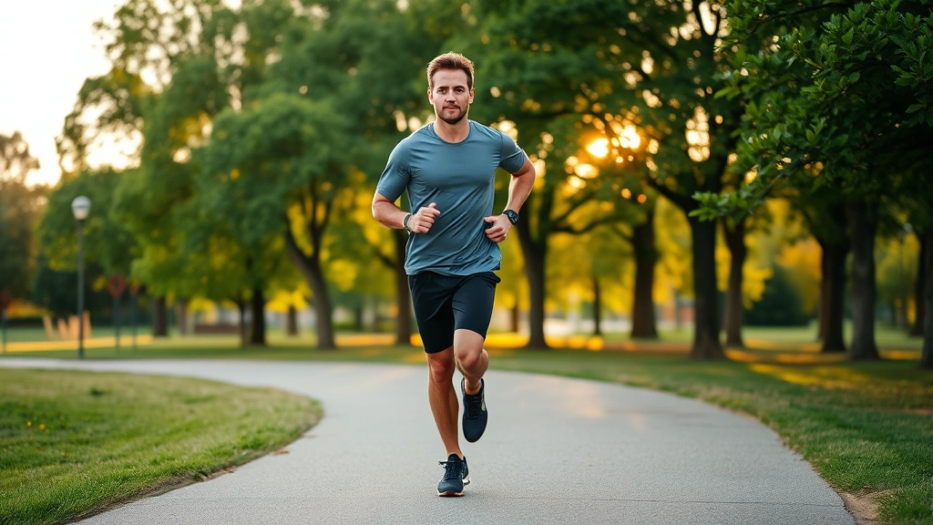 Active man jogging through park at sunrise, athletic wear, confident posture, green trees and morning light, outdoor fitness