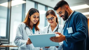 Healthcare team collaborating around modern digital interface in bright hospital setting, clinicians reviewing patient data on tablet, warm natural lighting, professional diverse team engagement