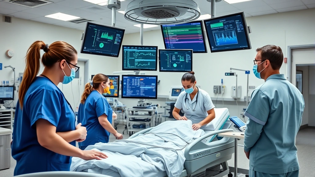 Busy emergency department with nurses and doctors coordinating care using integrated hospital systems, multiple monitors displaying patient information, coordinated teamwork in action, realistic clinical environment