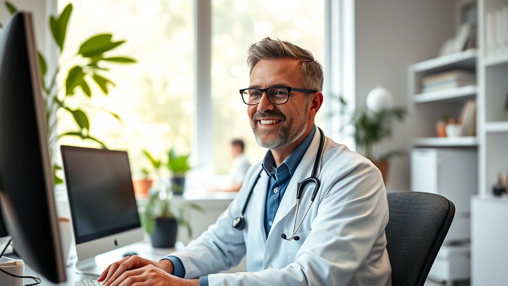 Medical professional experiencing work-life balance, taking break from computer, relaxed posture in modern healthcare office with natural light, wellness-focused environment, confident expression