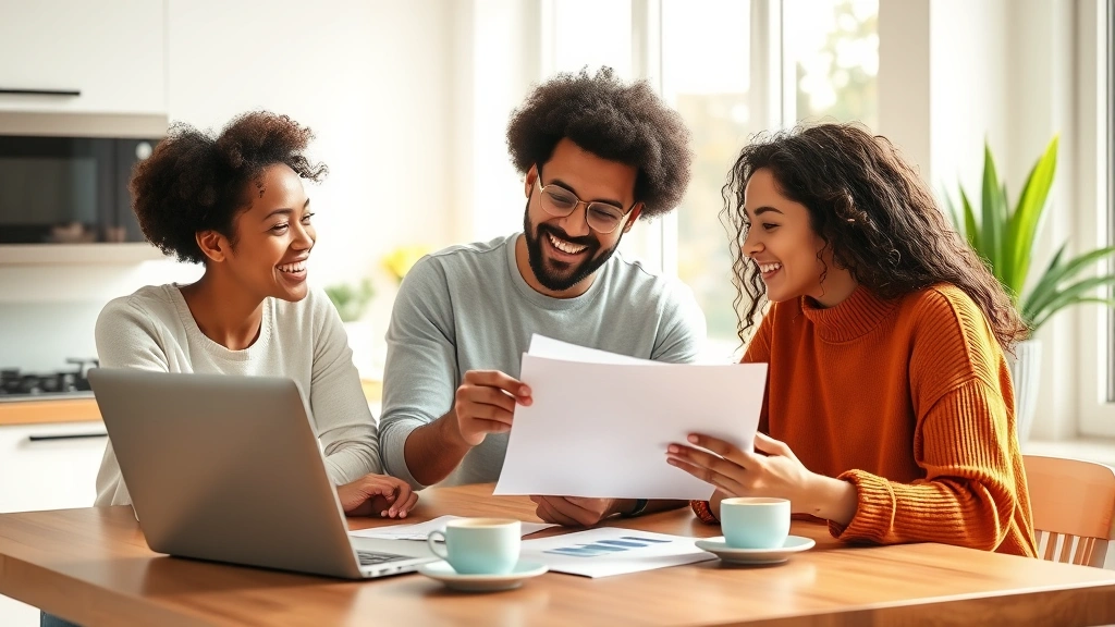 Modern diverse family reviewing health insurance documents at kitchen table with laptop and coffee, natural lighting, bright and optimistic atmosphere, contemporary home setting