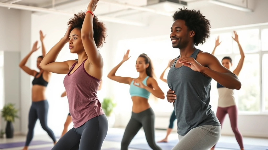 Multiethnic group exercising together in bright gym or fitness studio, various ages doing yoga and strength training, energetic and healthy lifestyle, morning natural light