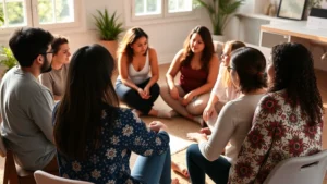 A diverse group of people sitting in a circle during a wellness workshop, engaged in meaningful conversation, warm natural lighting, candid connection and listening