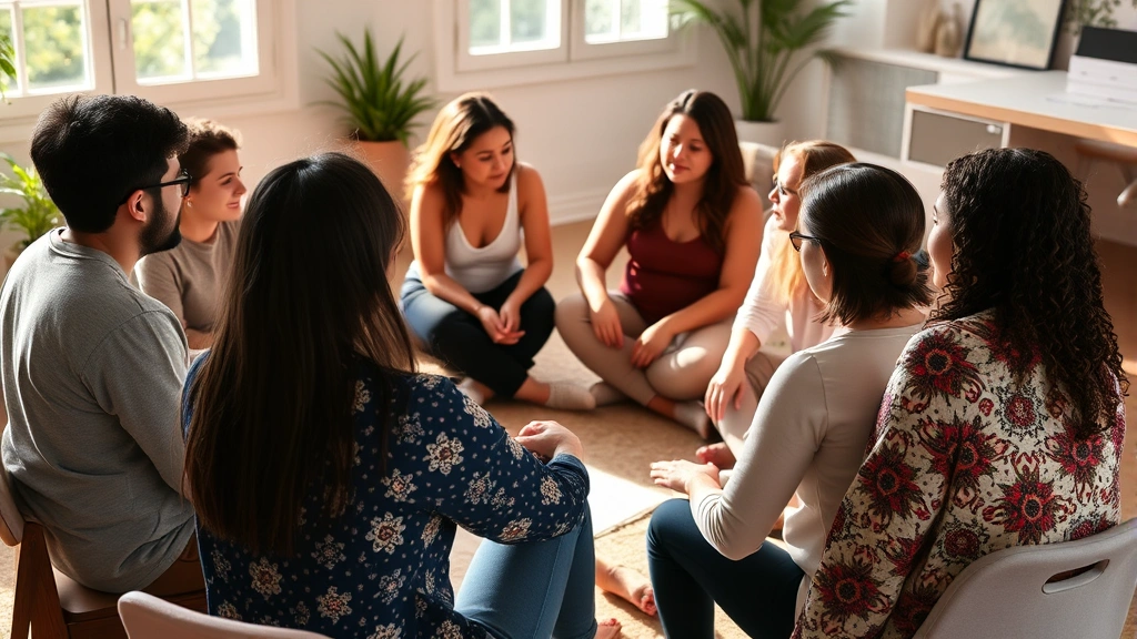A diverse group of people sitting in a circle during a wellness workshop, engaged in meaningful conversation, warm natural lighting, candid connection and listening