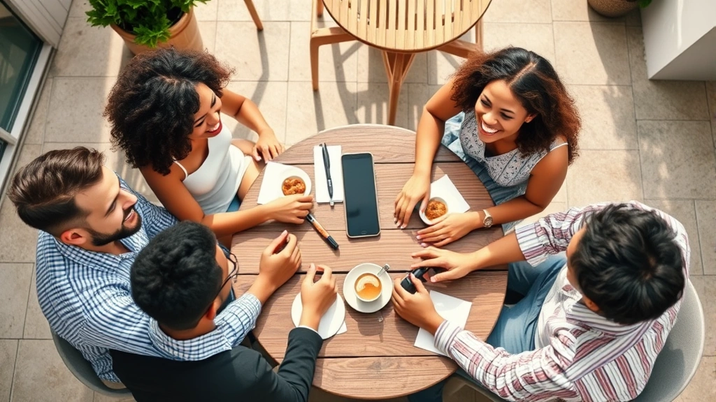 Overhead view of diverse friends laughing together at an outdoor cafe table, natural sunlight, genuine joy and belonging, multicultural group dynamics