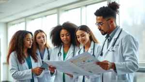 Young diverse medical residents in white coats reviewing patient charts at morning rounds in a modern teaching hospital, natural morning light through windows, collaborative focused atmosphere