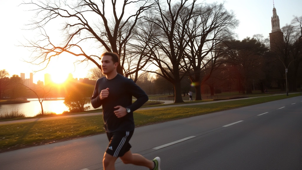 South Brooklyn resident exercising in Prospect Park at sunset, jogging past trees and water, healthy active lifestyle, peaceful Brooklyn urban landscape backdrop