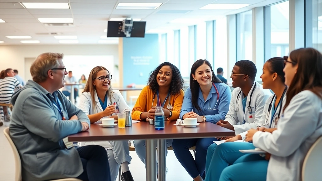 Internal medicine residents sitting together in hospital cafeteria during lunch break, genuine conversation and laughter, diverse group bonding, casual comfortable professional setting