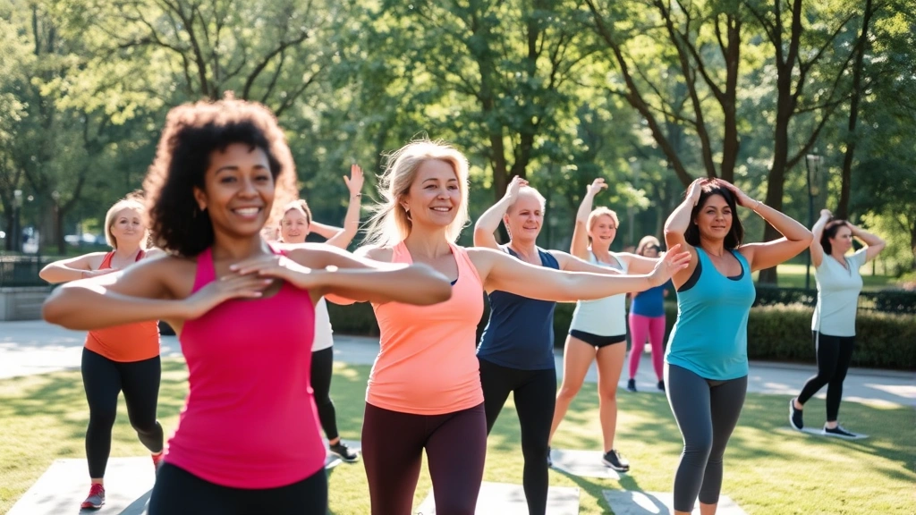 Diverse community members participating in outdoor fitness class in urban park, wearing comfortable athletic wear, smiling and stretching together, morning sunlight filtering through trees, health and vitality evident