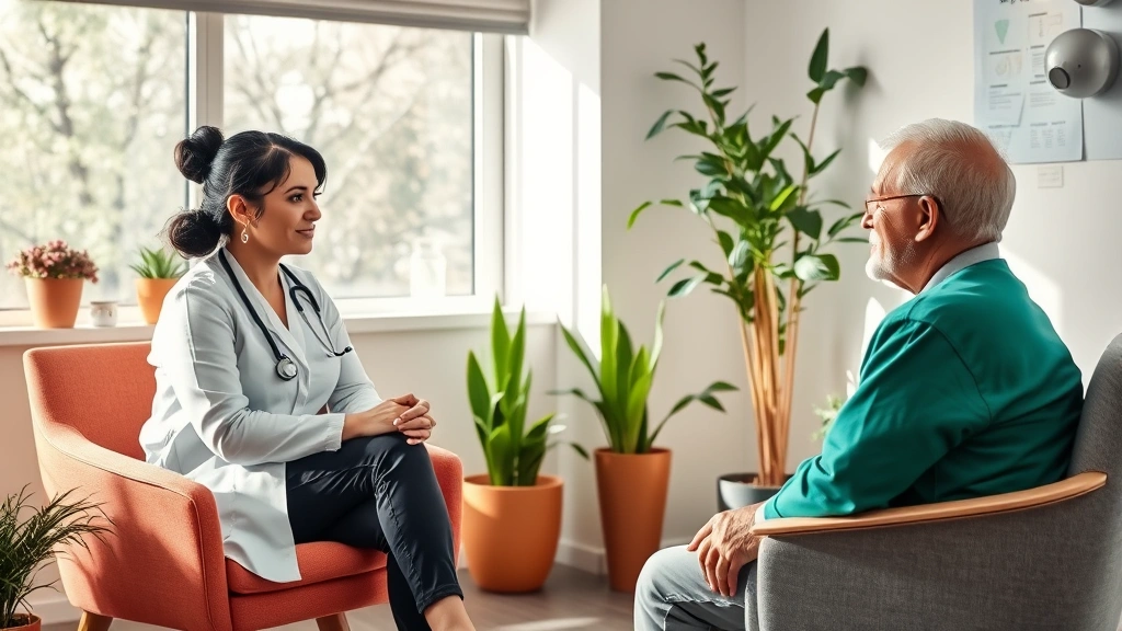 Warm clinic interior with healthcare provider of color consulting with patient during preventive wellness visit, comfortable seating, plants visible, trust and care evident in interaction, natural lighting