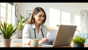 Young professional woman smiling at laptop, reviewing health records in bright home office, natural lighting, modern workspace with plants and coffee mug