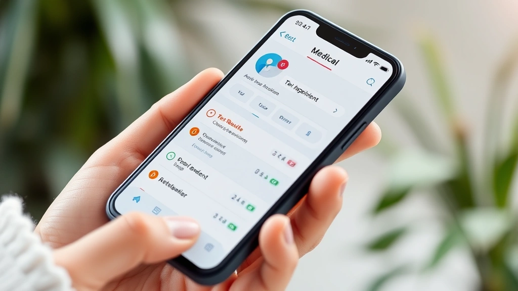 Close-up of smartphone displaying medical app interface with appointment calendar and test results, hands holding device, soft natural background, contemporary aesthetic