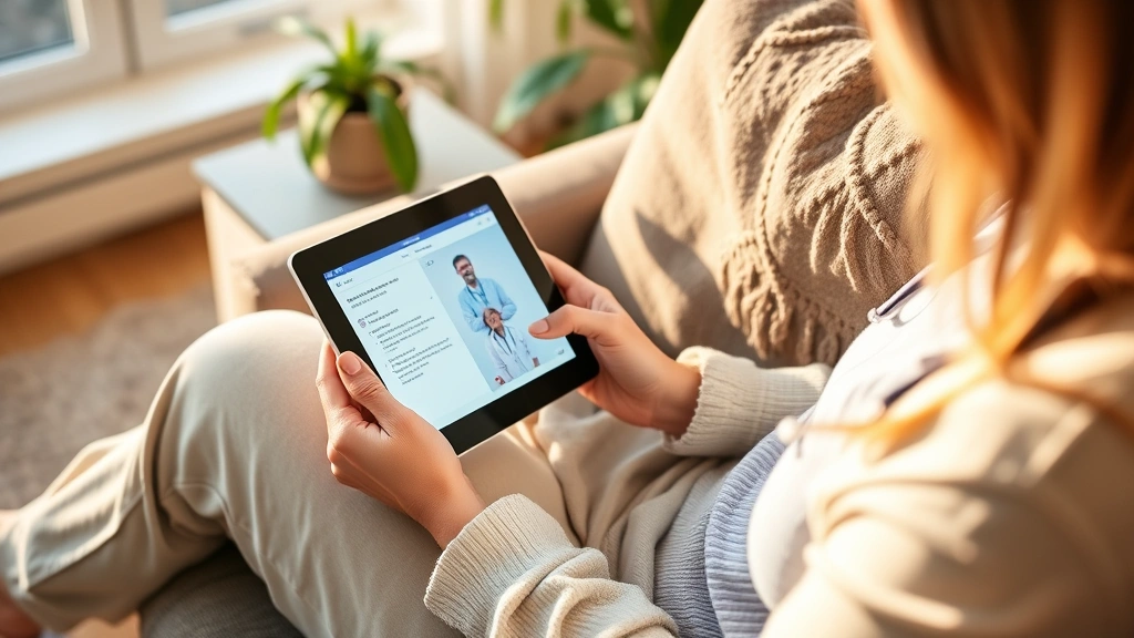 Person using tablet on comfortable couch, checking prescription medications and messaging healthcare provider, relaxed home environment, warm afternoon light