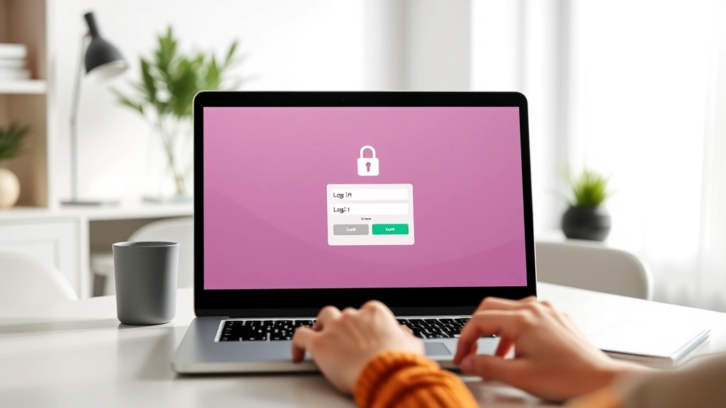 Modern minimalist home office setup with person securely logging into healthcare platform on laptop, soft natural lighting, professional yet comfortable atmosphere, secure padlock icon visible on screen