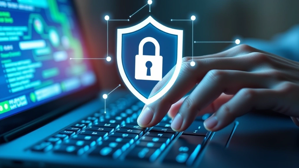 Close-up of hands entering password on keyboard with security shield icon floating above, blue and green cybersecurity visualization, professional digital security concept, clean tech aesthetic
